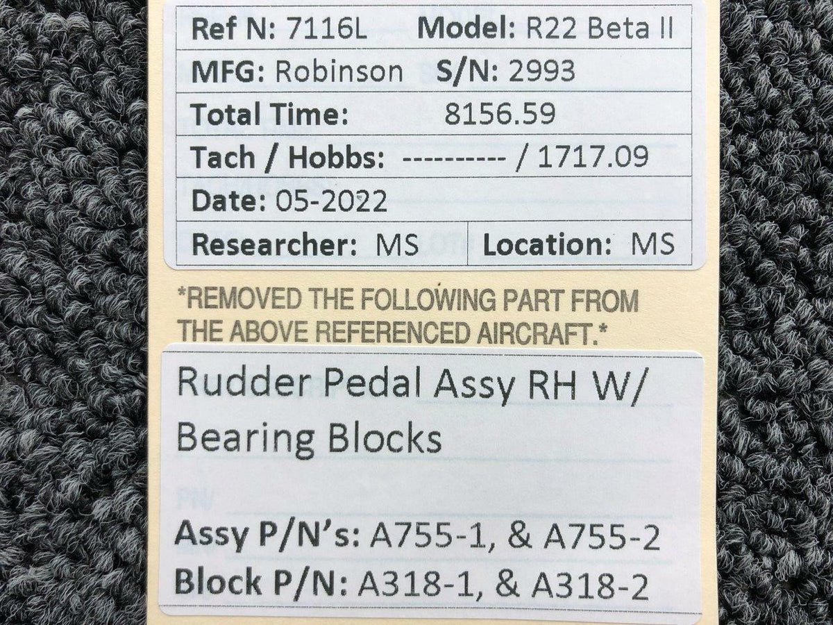Robinson A755-1 and A755-2 Robinson R22 Rudder Pedal Assembly RH with Bearing Blocks