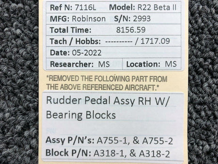 Robinson A755-1 and A755-2 Robinson R22 Rudder Pedal Assembly RH with Bearing Blocks