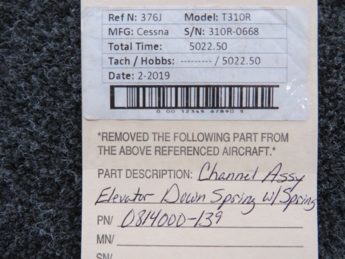 0814000-139 Cessna T310R Channel Assembly Elevator Down Spring W/ Spring BAS Part Sales | Airplane Parts