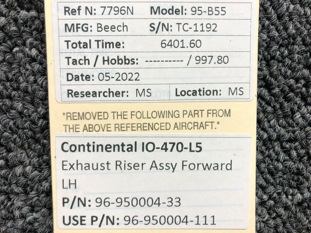 Continental 96-950004-33 USE 96-950004-111 Continental IO-470-L5 Exhaust Riser FWD LH