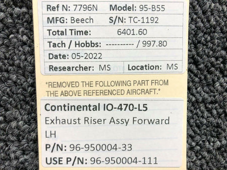 Continental 96-950004-33 USE 96-950004-111 Continental IO-470-L5 Exhaust Riser FWD LH