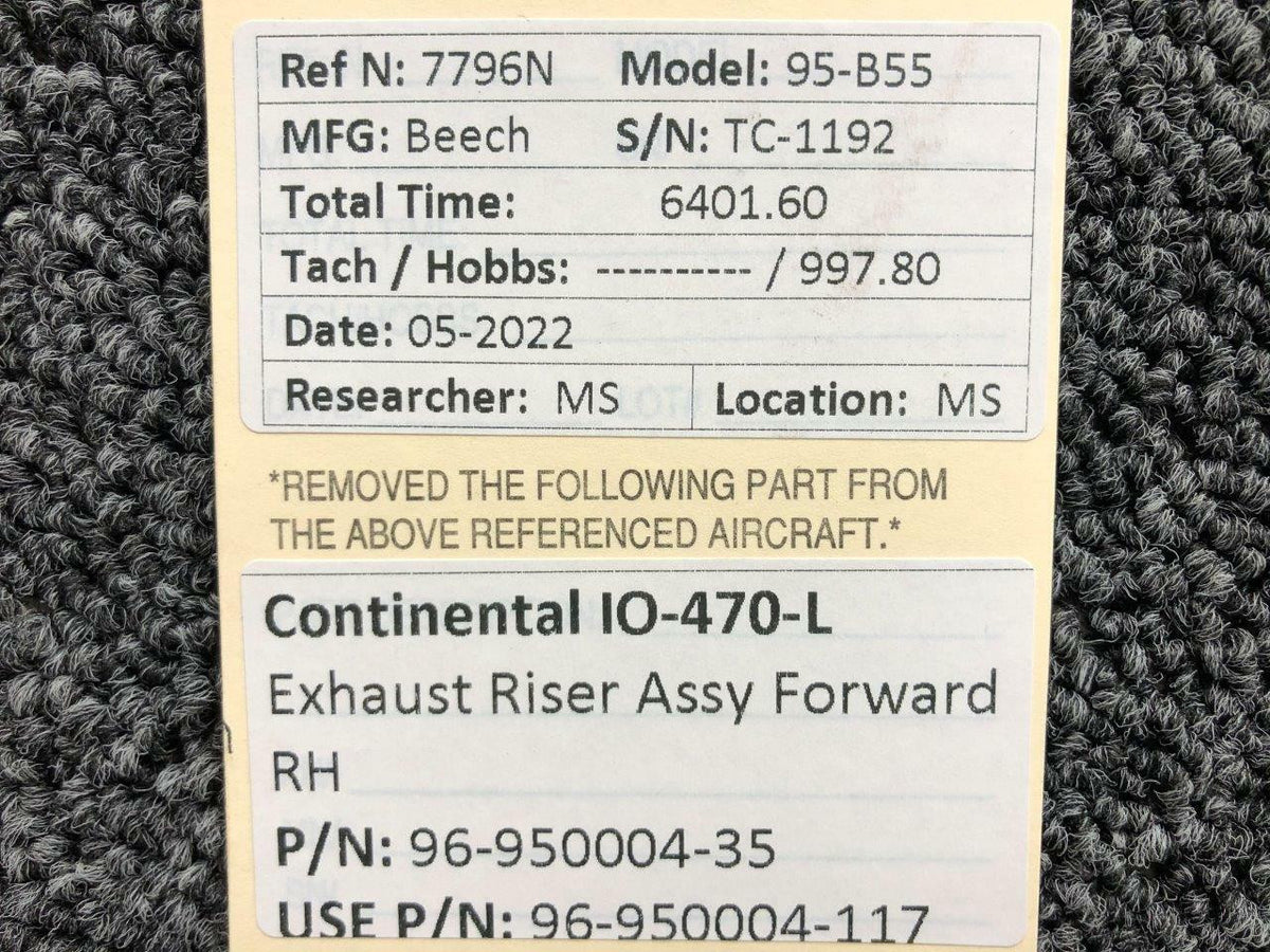 Continental 96-950004-35 USE 96-950004-117 Continental IO-470-L5 Exhaust Riser FWD RH