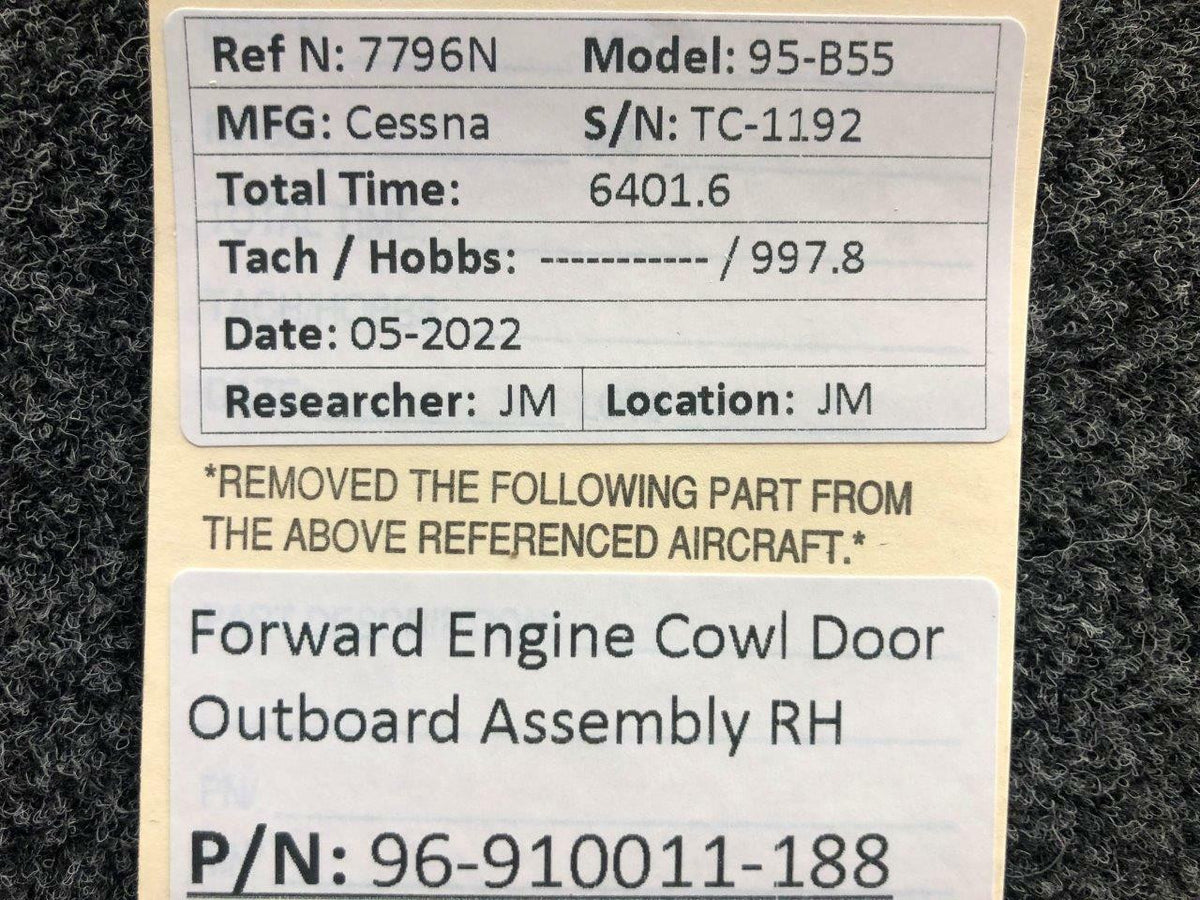96-910011-188 Beechcraft 95-B55 RH Forward Engine Cowl Door Outboard BAS Part Sales | Airplane Parts
