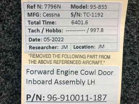 Beechcraft Parts 96-910011-187 Beechcraft 95-B55 LH Forward Engine Cowl Door Inboard