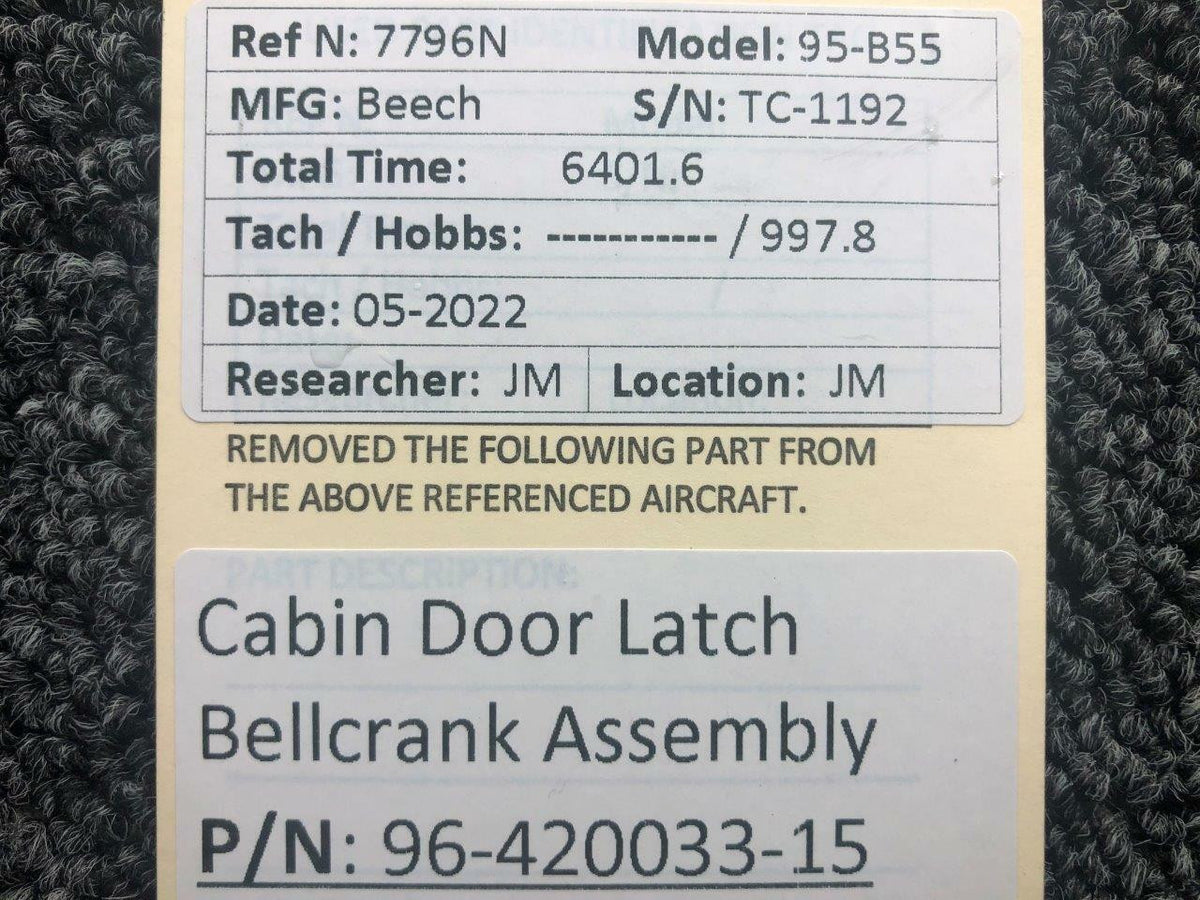 96-420033-15 Beechcraft 95-B55 Cabin Door Latch Bellcrank Assembly BAS Part Sales | Airplane Parts