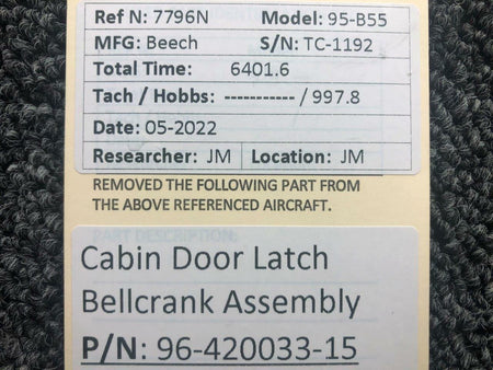 96-420033-15 Beechcraft 95-B55 Cabin Door Latch Bellcrank Assembly BAS Part Sales | Airplane Parts