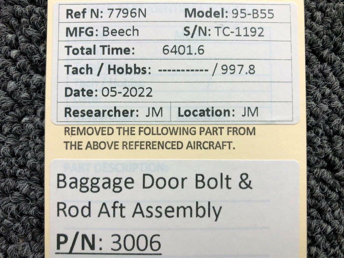 3006 Beechcraft 95-B55 Baggage Door Bolt & Rod AFT Assembly BAS Part Sales | Airplane Parts