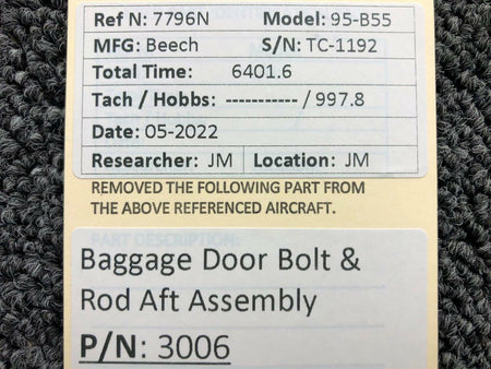 3006 Beechcraft 95-B55 Baggage Door Bolt & Rod AFT Assembly BAS Part Sales | Airplane Parts