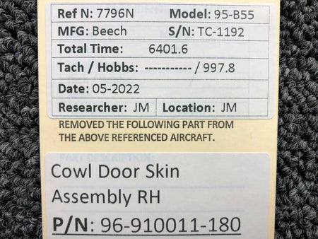 Beechcraft Parts 96-910011-180 Beechcraft 95-B55 Cowl Door Skin Assembly RH