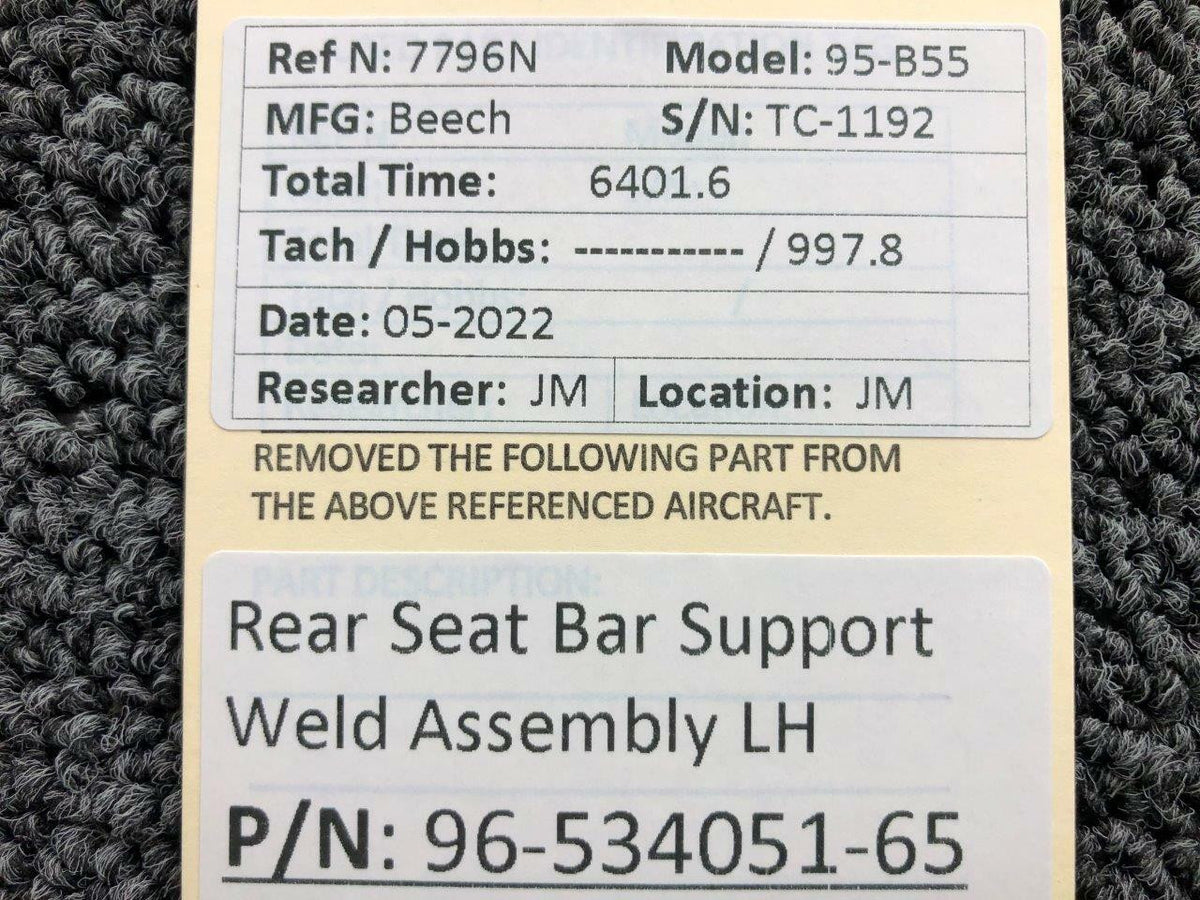 96-534051-65 Beechcraft 95-B55 Rear Seat Bar Support Weld Assembly LH BAS Part Sales | Airplane Parts