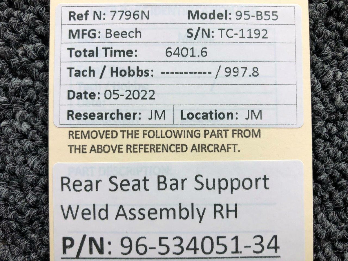 Beechcraft Parts 96-534051-34 Beechcraft 95-B55 Rear Seat Bar Support Weld Assembly RH