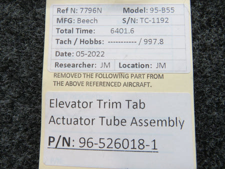 96-526018-1 Beechcraft 95-B55 Elevator Trim Tab Actuator Tube Assembly BAS Part Sales | Airplane Parts