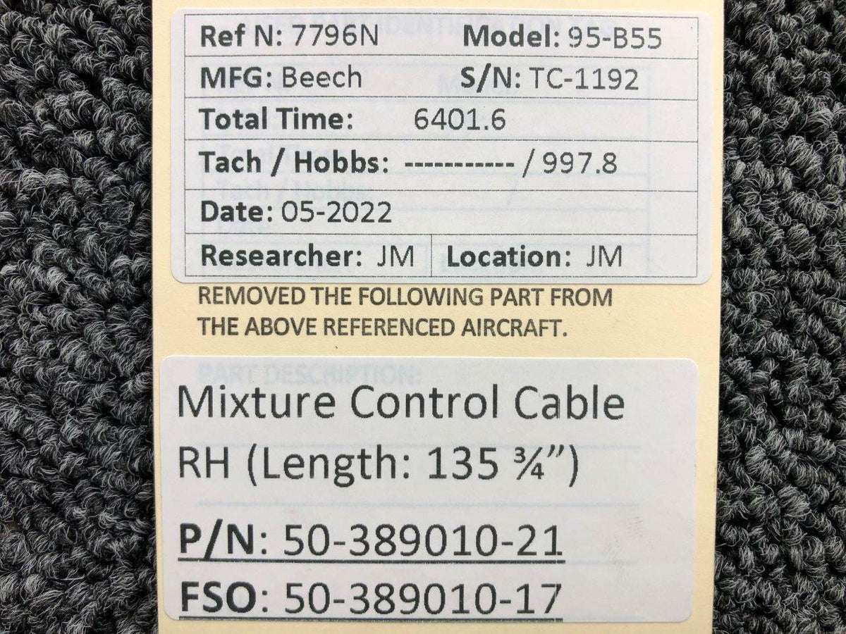 Beechcraft Parts 50-389010-21 FSO 50-389010-17 Beech Mixture Control Cable RH L 135-3/4