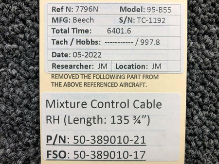 Beechcraft Parts 50-389010-21 FSO 50-389010-17 Beech Mixture Control Cable RH L 135-3/4