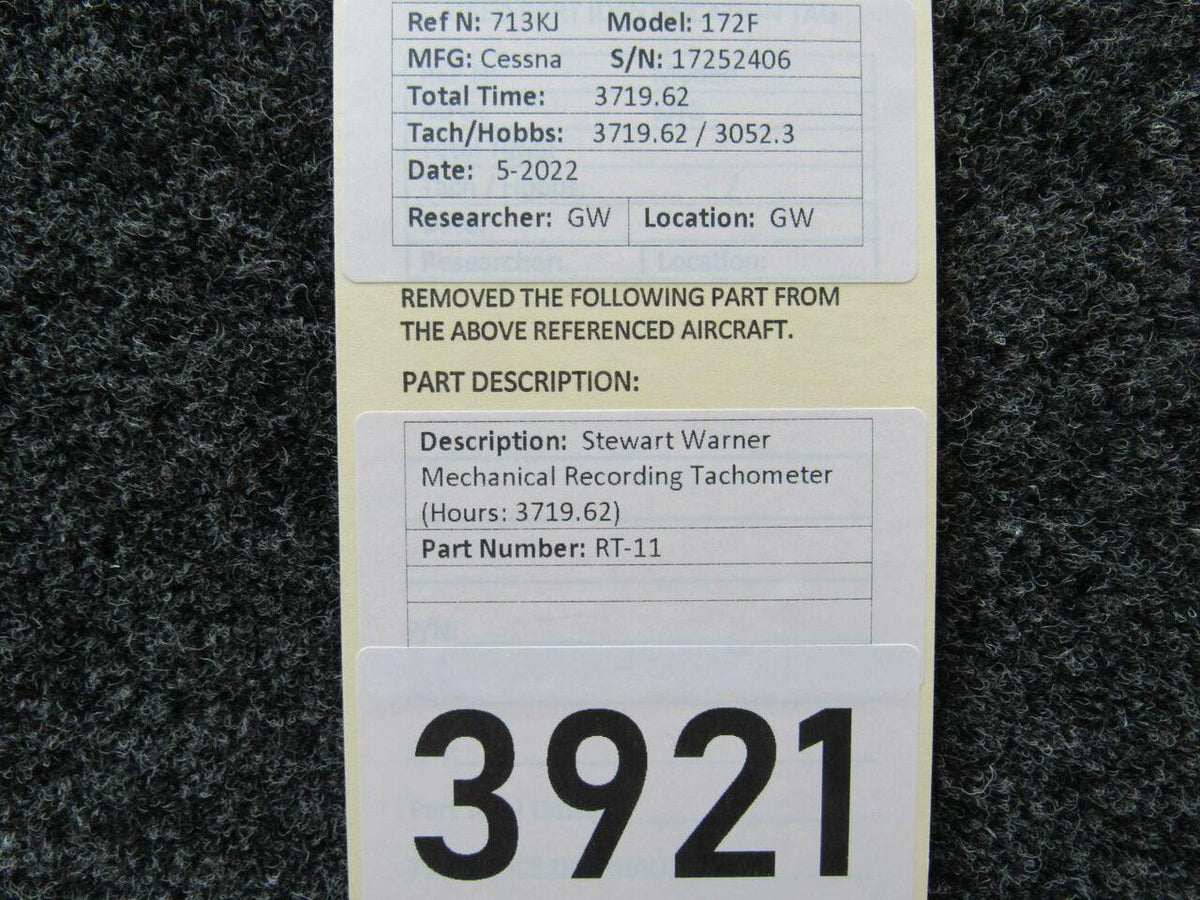 RT-11 Steward Warner Mechanical Recording Tachometer (Hours: 3719.62) BAS Part Sales | Airplane Parts