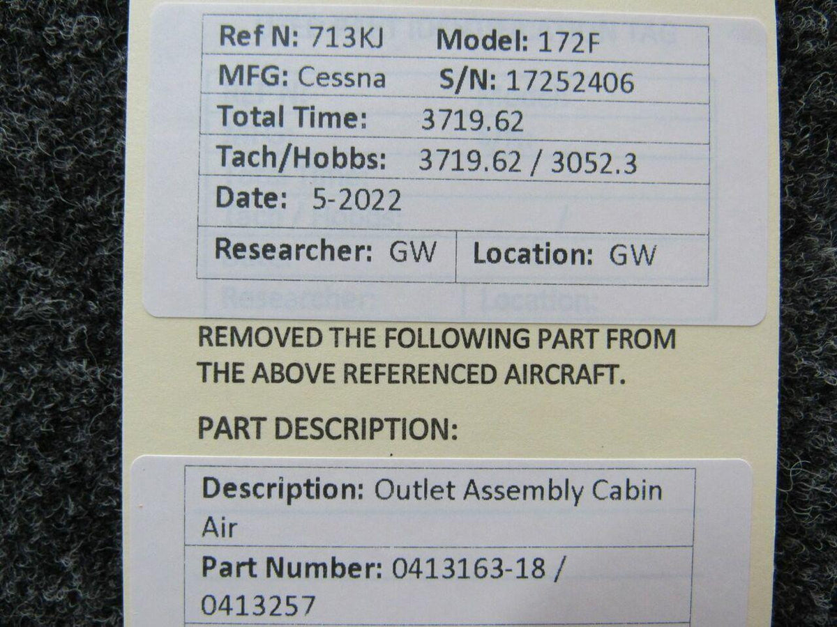 0413163-18 / 0413257 Cessna 172F Outlet Assembly Cabin Air BAS Part Sales | Airplane Parts