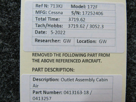 0413163-18 / 0413257 Cessna 172F Outlet Assembly Cabin Air BAS Part Sales | Airplane Parts