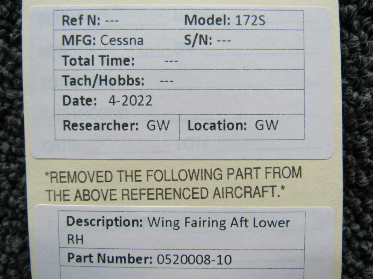 Cessna Aircraft Parts 0520008-10 Cessna 172S Wing Fairing Aft Lower RH M22