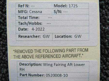 Cessna Aircraft Parts 0520008-10 Cessna 172S Wing Fairing Aft Lower RH M22