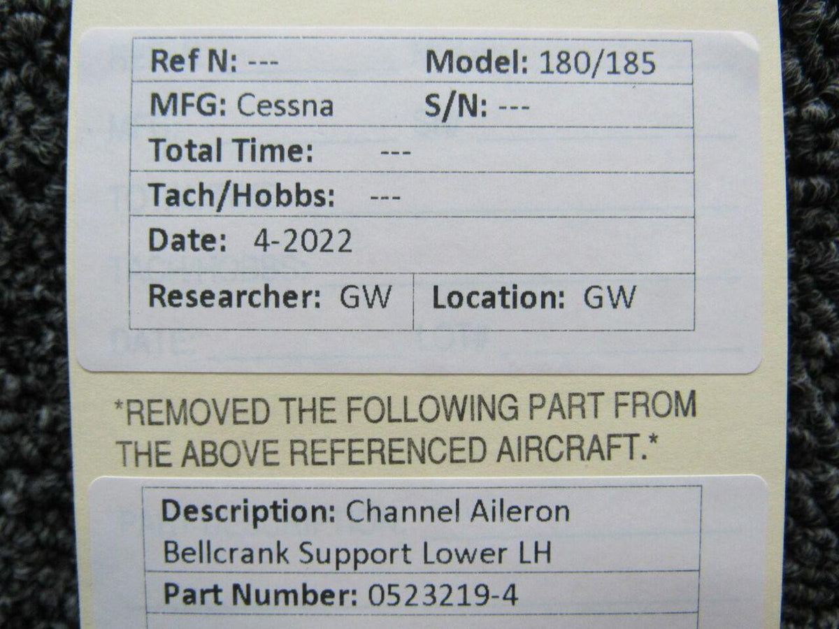 Cessna Aircraft Parts 0523219-4 Cessna 180 / 185 Channel Aileron Bellcrank Support Lower LH M22