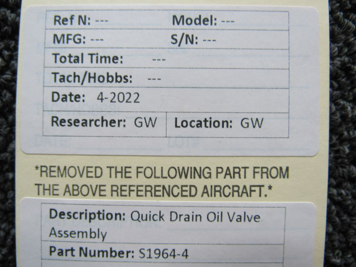 S1964-4 Quick Drain Oil Valve Assembly (M22) BAS Part Sales | Airplane Parts