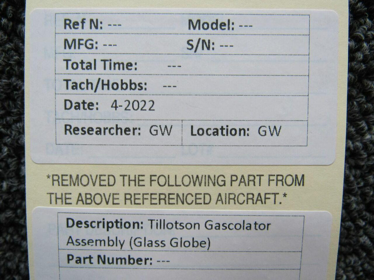 Tillotson Gascolator Assembly Glass Globe M22