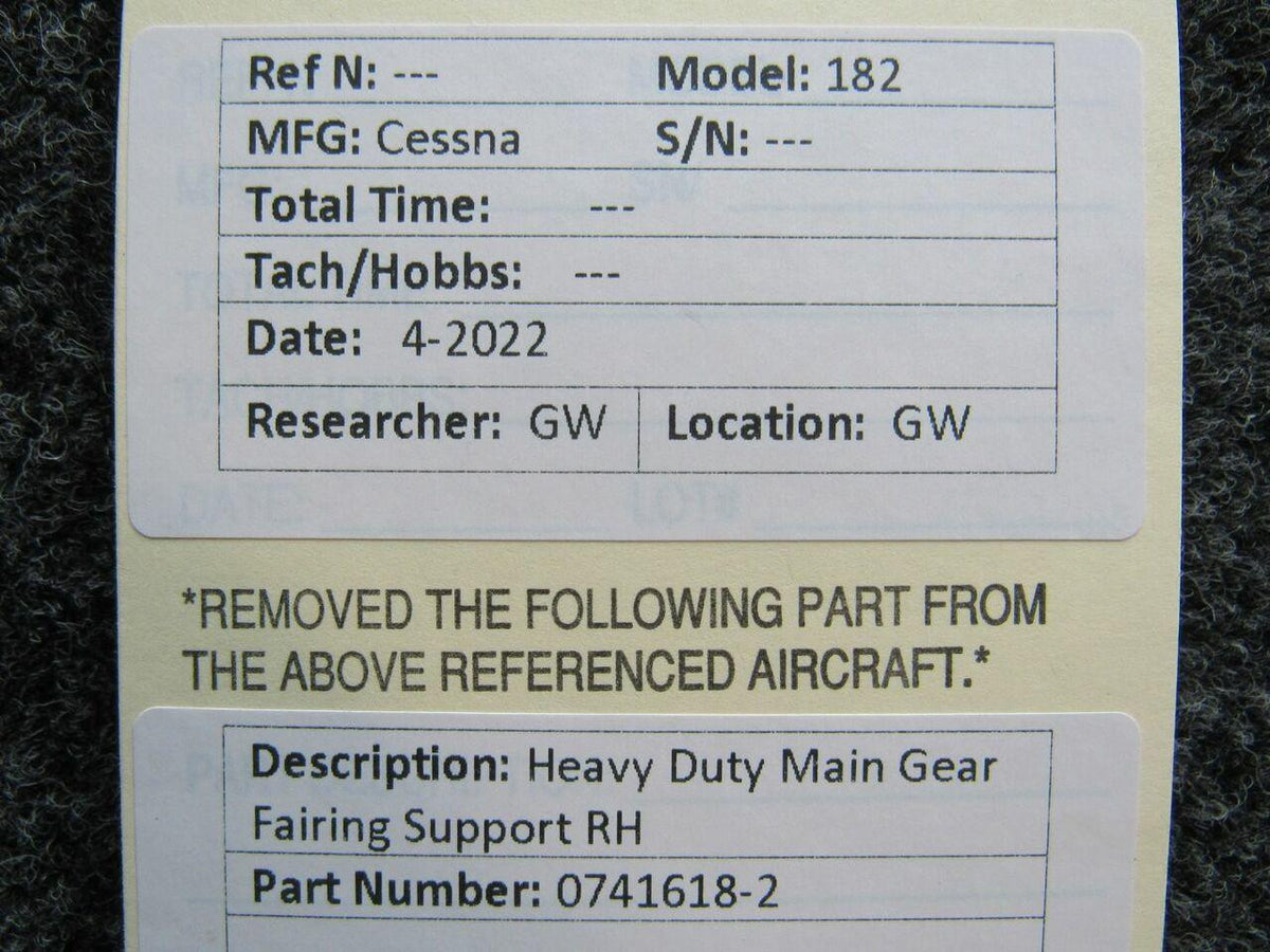 Cessna Aircraft Parts 0741618-2 Cessna 182 Heavy Duty Main Gear Fairing Support RH M22
