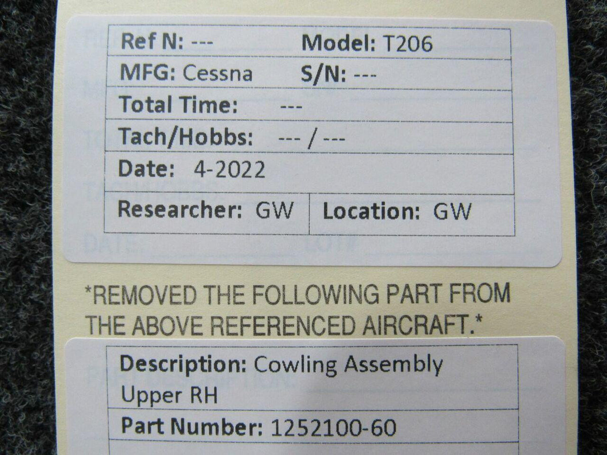 Cessna Aircraft Parts 1252100-60 Cessna T206 Cowling Assembly Upper RH M22