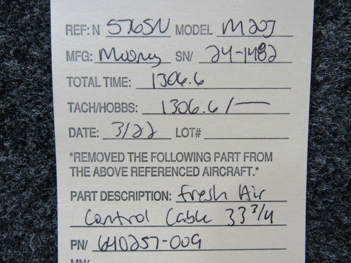 Mooney Aircraft Parts and Accessories 640257-009 Mooney M20J Fresh Air Control Cable Length 33-3/4