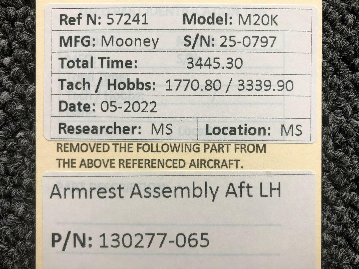 130277-065 Mooney M20K Armrest Assembly AFT LH BAS Part Sales | Airplane Parts