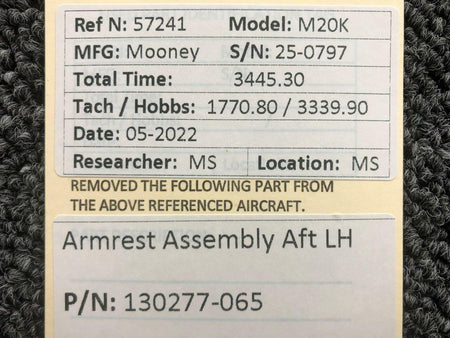 130277-065 Mooney M20K Armrest Assembly AFT LH BAS Part Sales | Airplane Parts