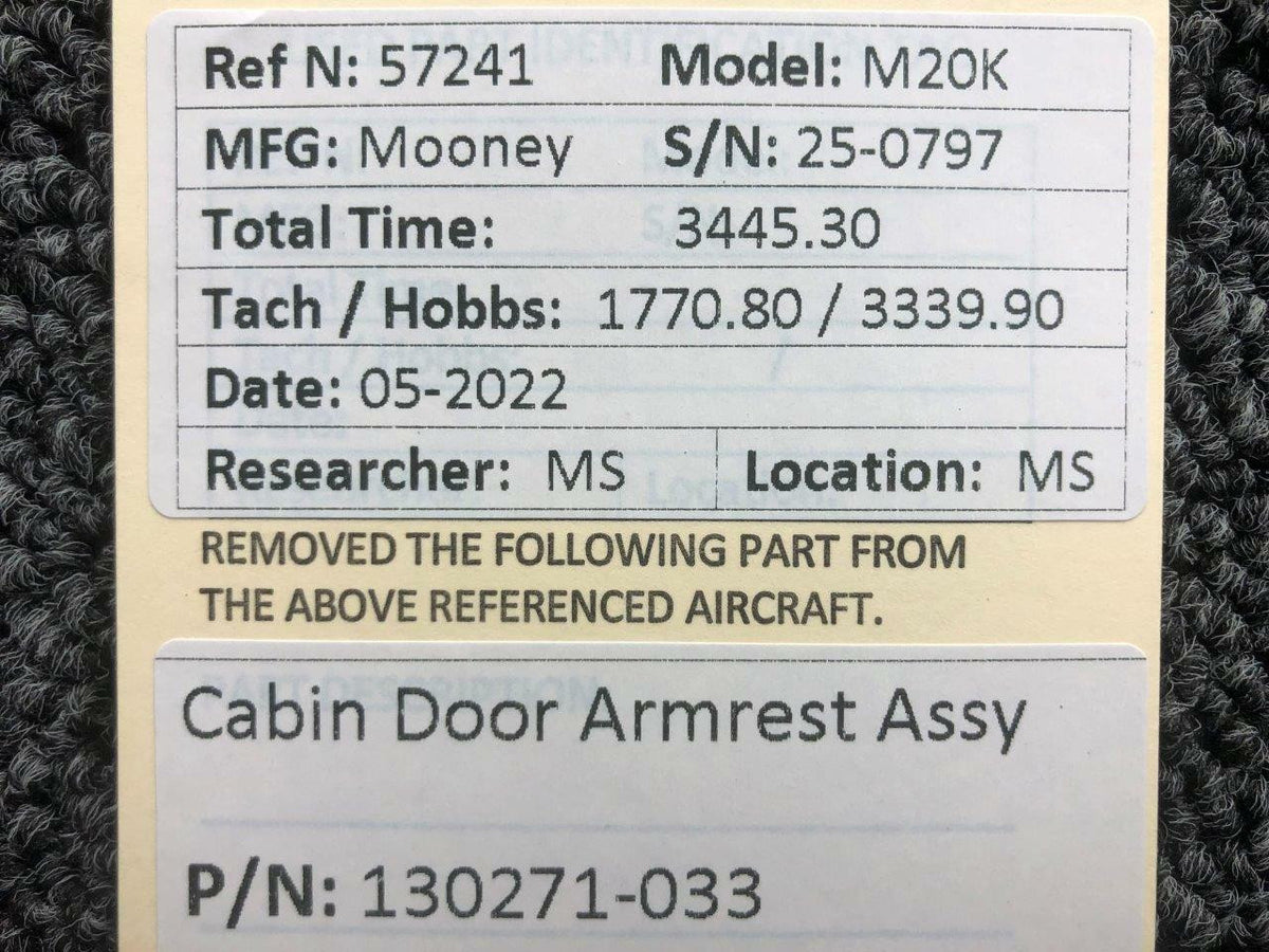 Mooney Aircraft Parts and Accessories 130271-033 Mooney M20K Cabin Door Armrest Assembly
