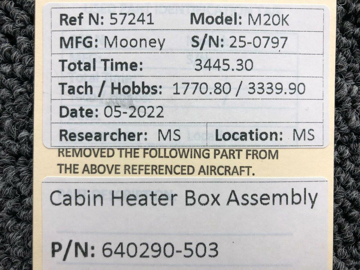 Mooney Aircraft Parts and Accessories 640290-503 Mooney M20K Cabin Heater Box Assembly