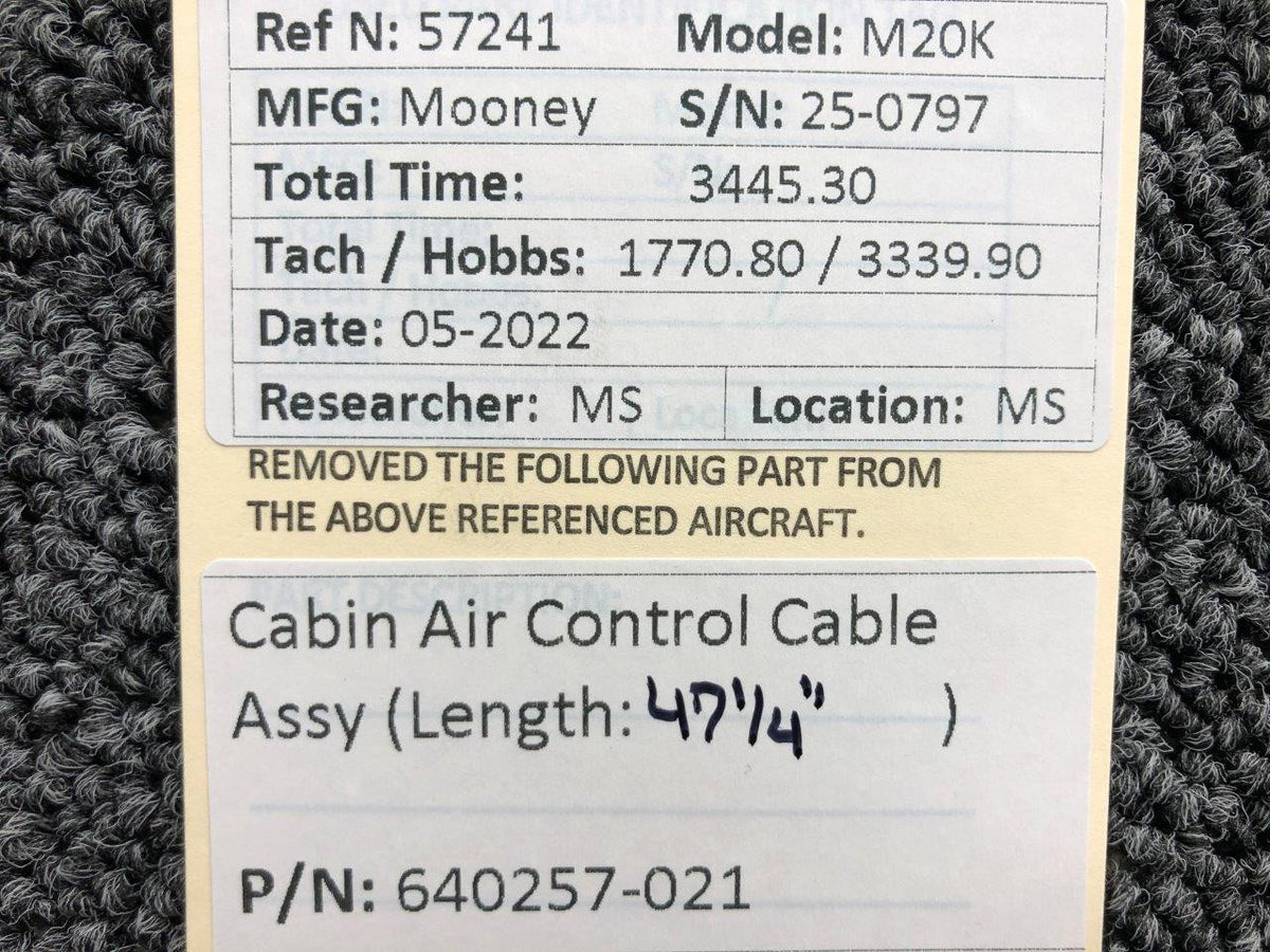 640257-021 Mooney M20K Cabin Air Control Cable Assembly (Length: 47-1/4") BAS Part Sales | Airplane Parts