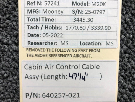 640257-021 Mooney M20K Cabin Air Control Cable Assembly (Length: 47-1/4") BAS Part Sales | Airplane Parts