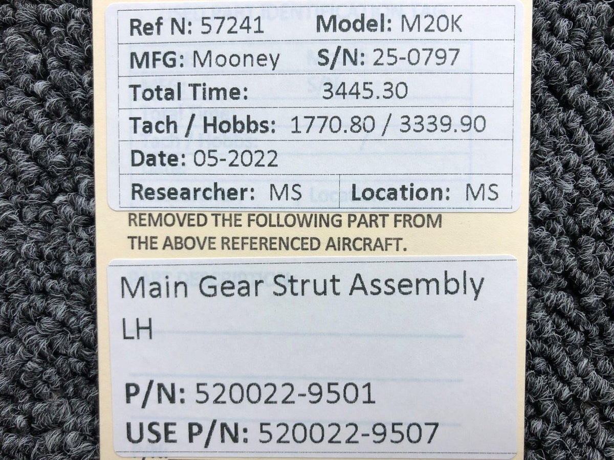520022-9501 (USE: 520022-9507) Mooney M20K Main Gear Strut Assembly LH BAS Part Sales | Airplane Parts