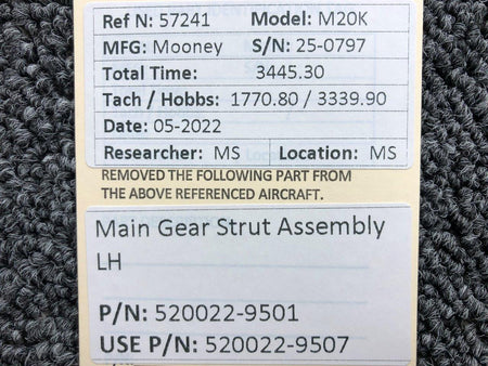 520022-9501 (USE: 520022-9507) Mooney M20K Main Gear Strut Assembly LH BAS Part Sales | Airplane Parts