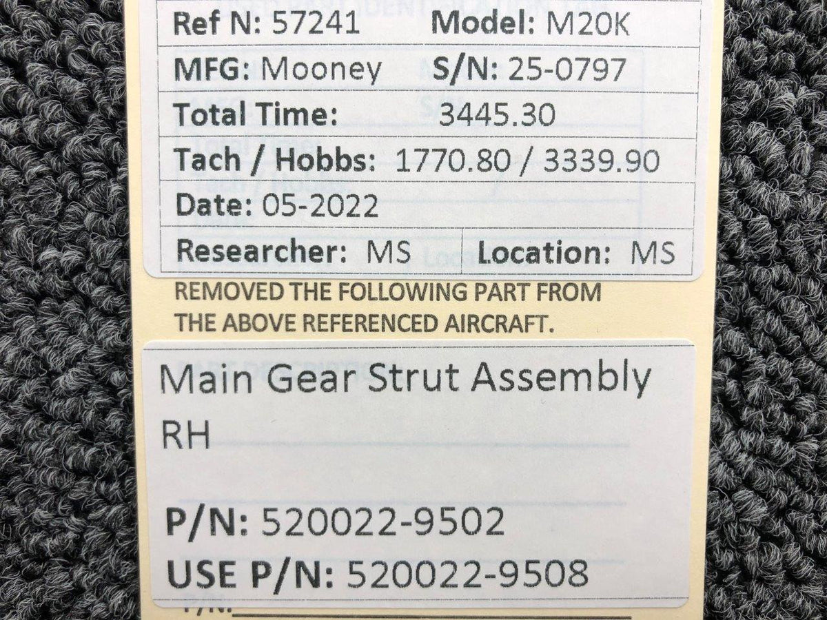 520022-9502 (USE: 520022-9508) Mooney M20K Main Gear Strut Assembly RH BAS Part Sales | Airplane Parts