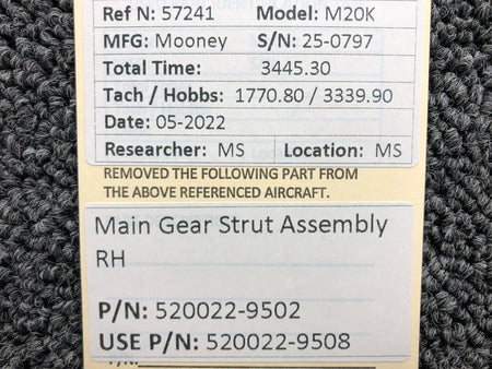 520022-9502 (USE: 520022-9508) Mooney M20K Main Gear Strut Assembly RH BAS Part Sales | Airplane Parts