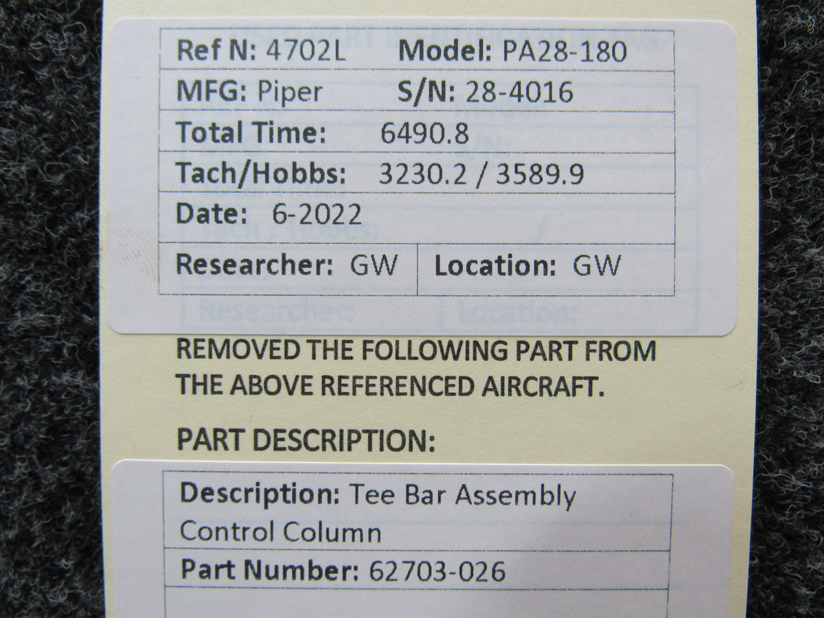 62703-026 Piper PA28-180 Tee Bar Assembly Control Column BAS Part Sales | Airplane Parts