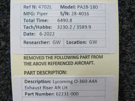 62231-000 Lycoming O-360-A4A Exhaust Riser AFT LH W/ Probe Hole BAS Part Sales | Airplane Parts