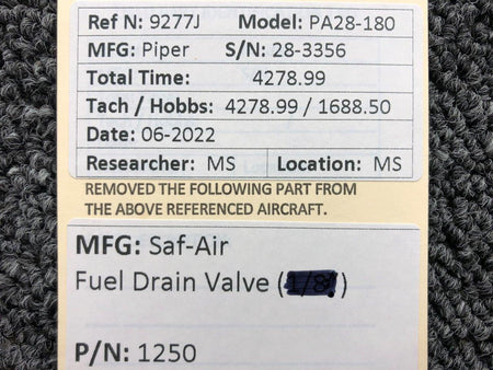 Saf-Air 1250 Saf-Air Fuel Tank Drain Valve