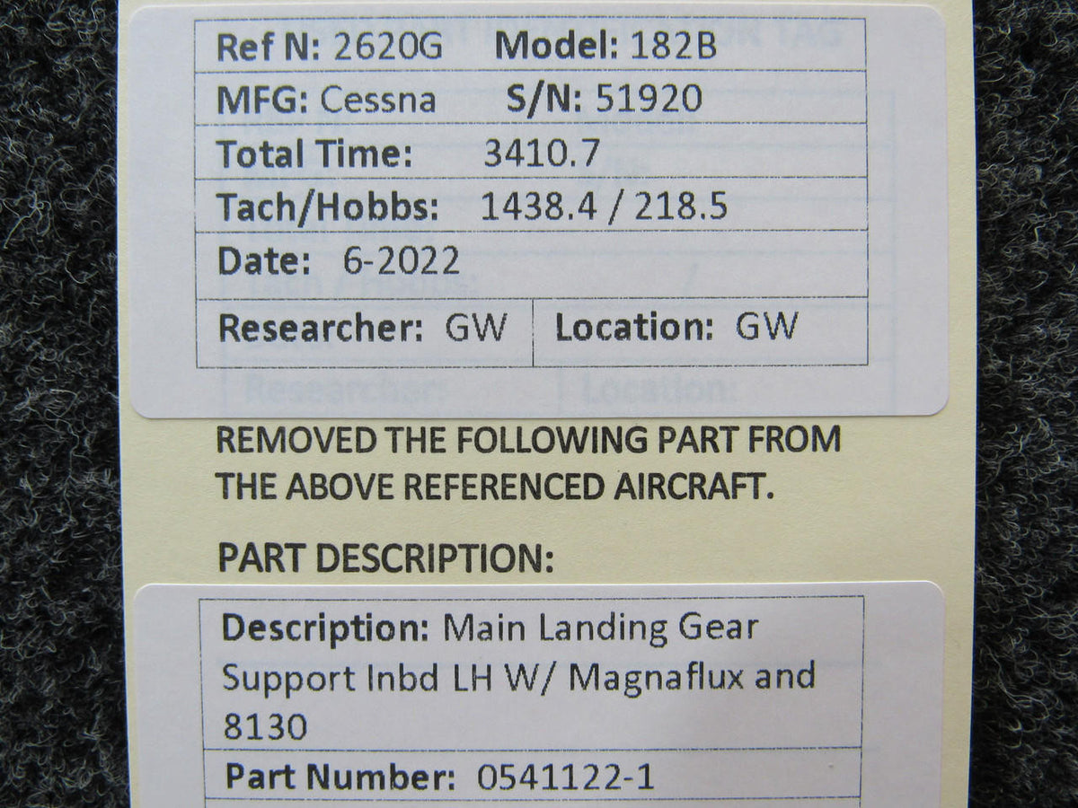 Cessna Aircraft Parts 0541122-1 Cessna 182B Main Landing Gear Support Inbd LH W/ Magnaflux and 8130-3