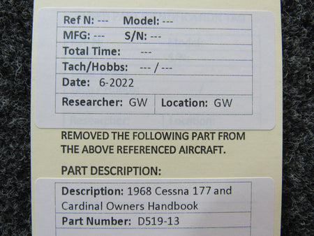 Cessna Aircraft Parts D519-13 1968 Cessna 177 and Cardinal Owners Handbook
