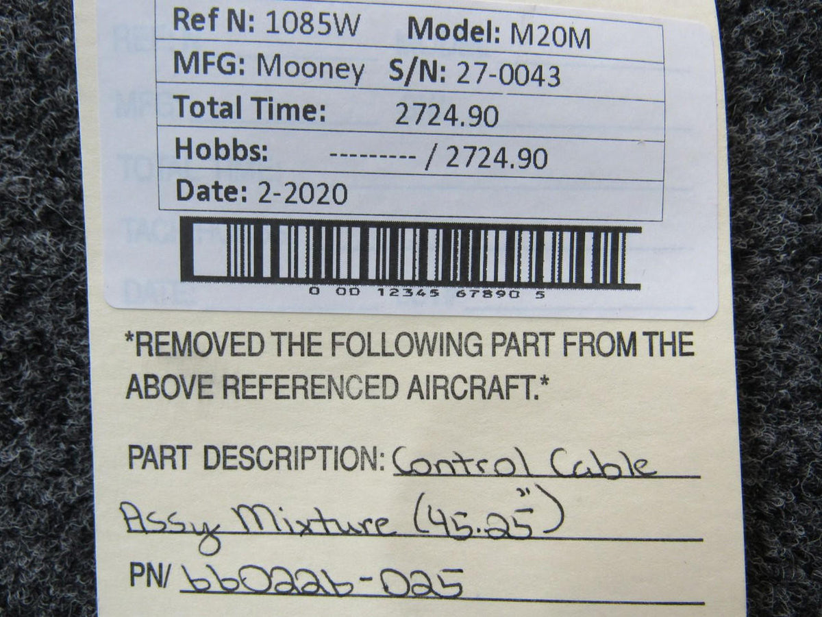 Mooney Aircraft Parts and Accessories 660226-025 Mooney M20M Vernier Mixture Control Cable Assembly Length 45-1/4