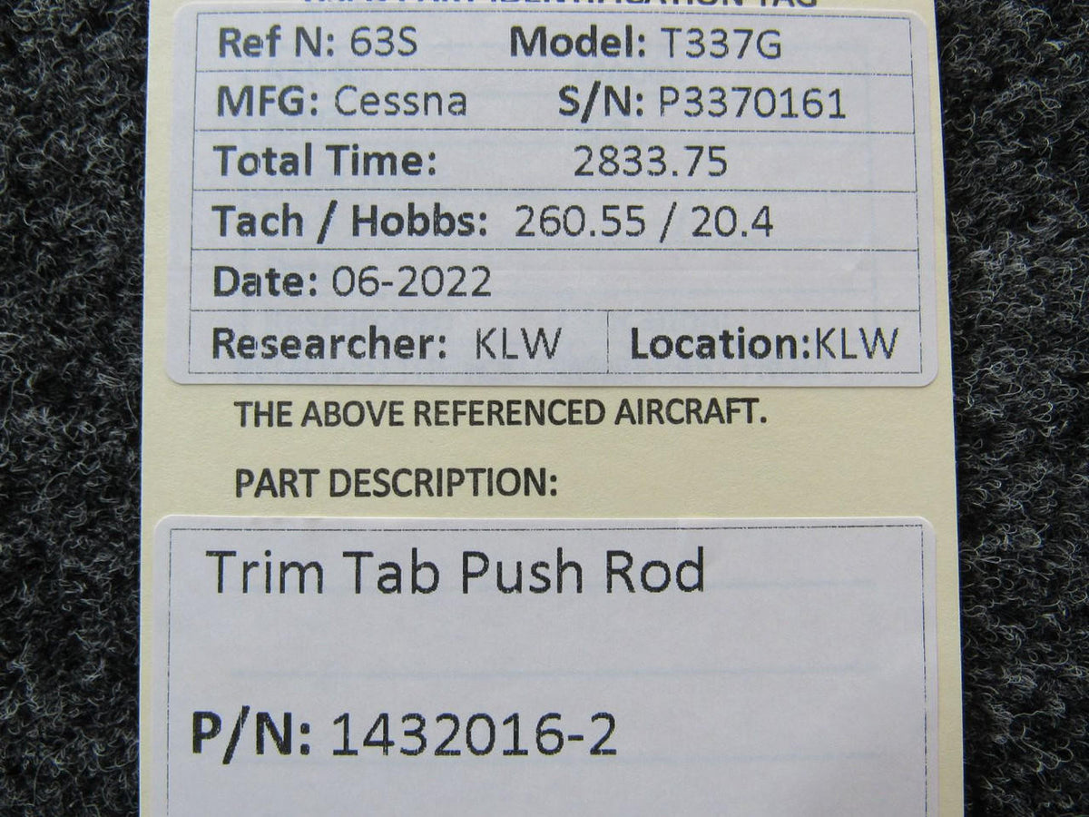 Cessna Aircraft Parts 1432016-2 Cessna T337G Trim Tab Push Rod