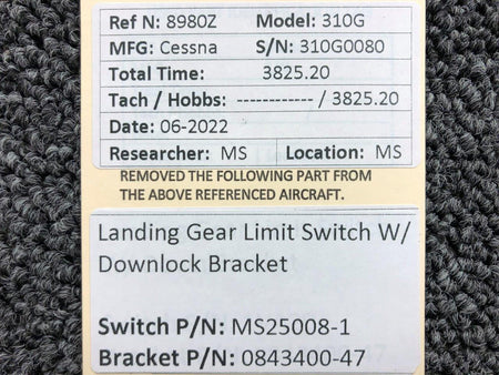 Cessna Aircraft Parts MS25008-1 / 0843400-47 Cessna 310G Landing Gear Limit Switch W/ Downlock Bracket