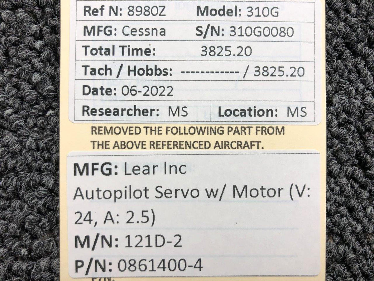 Lear Inc 0861400-4 Lear Inc 121D-2 Autopilot Servo W/ Motor Volts 24, Amps 2.5