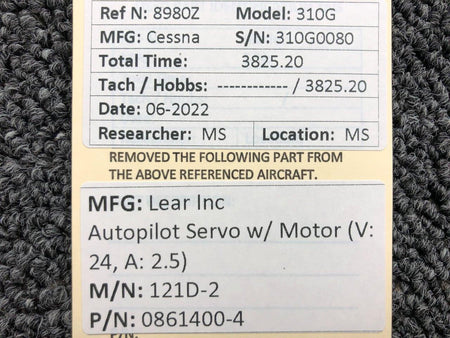 Lear Inc 0861400-4 Lear Inc 121D-2 Autopilot Servo W/ Motor Volts 24, Amps 2.5