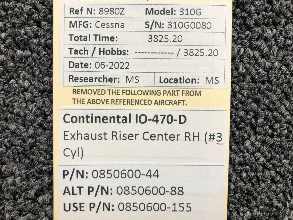 Continental 0850600-44 USE 0850600-155 Continental IO-470-D Exhaust Riser Center RH